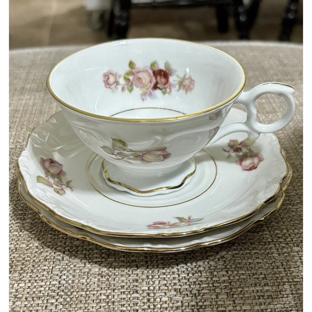 Schumann Bavaria Antique Rose Trio Tea Cup Saucer 6” Butter Plate Germany